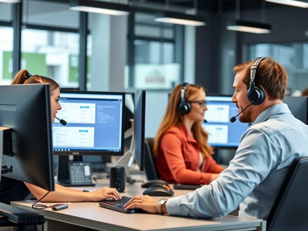 Call center team on headsets at multi-monitor desks, mid-shift with a live CRM queue visible — Wyoming service area for The GRY GROUP.