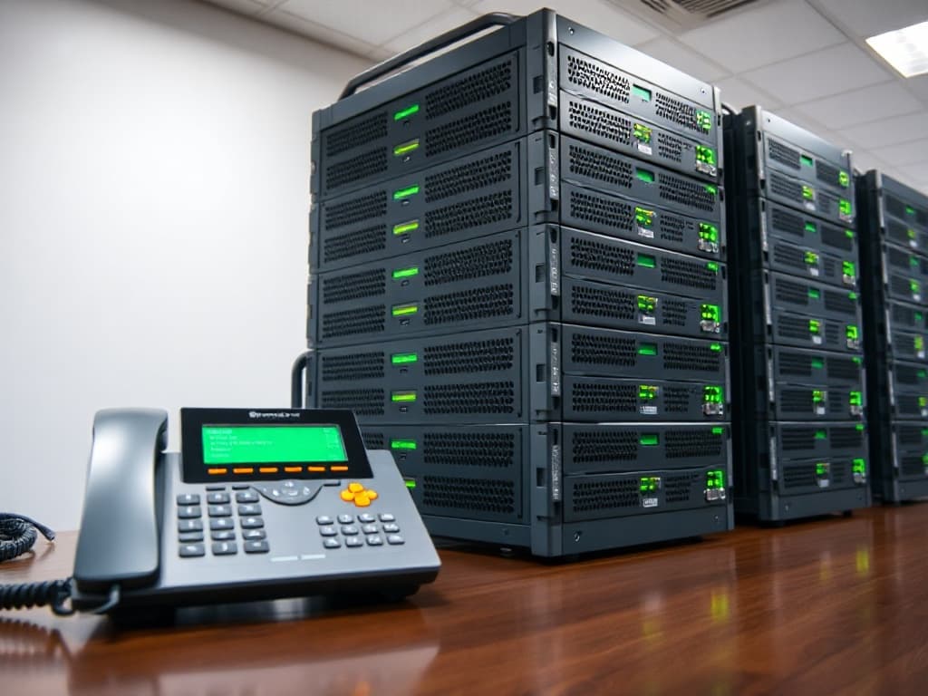 Stock photo of a stack of rack-mounted servers beside a VoIP desk phone — IT and office setup service area for The GRY GROUP.